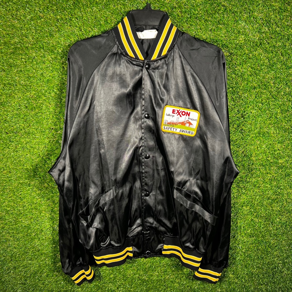 Vintage Holloway Exxon Safety Award Satin Bomber Jacket Black Yellow Mens‎ Large